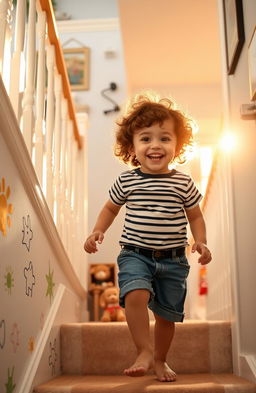 A small child with curly brown hair joyfully walking up a staircase in a brightly lit home