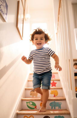 A small child with curly brown hair joyfully walking up a staircase in a brightly lit home