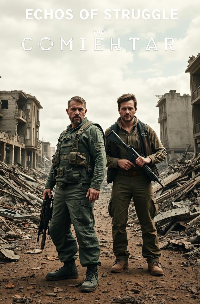 In a war-torn city, two soldiers stand at the forefront of a crumbling landscape, embodying resilience and determination