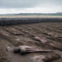 A somber scene of a mass burial for the fallen warriors, struck by Roman arrows, under an overcast sky