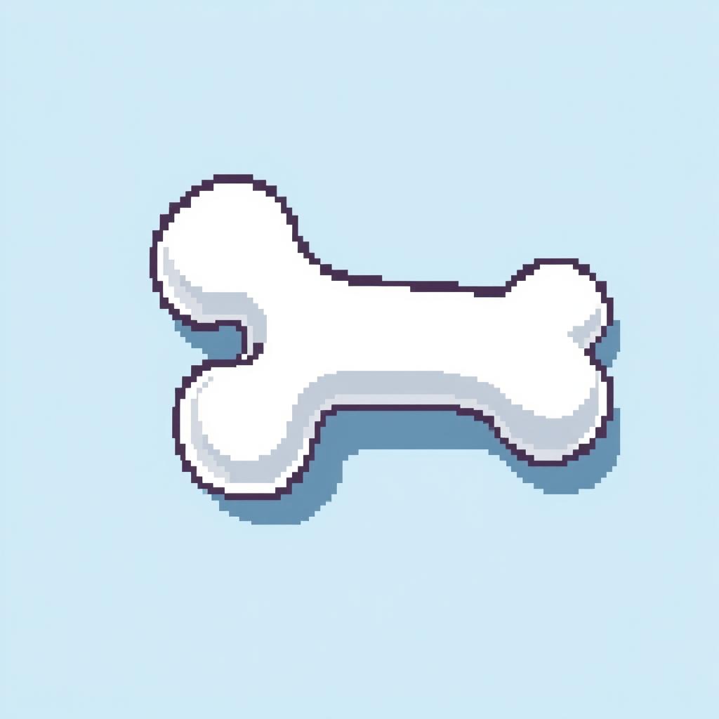 A small bone, depicted in pixel art style, featuring a clear and recognizable shape with cartoonish features