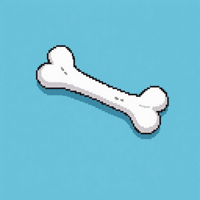 A small bone, depicted in pixel art style, featuring a clear and recognizable shape with cartoonish features