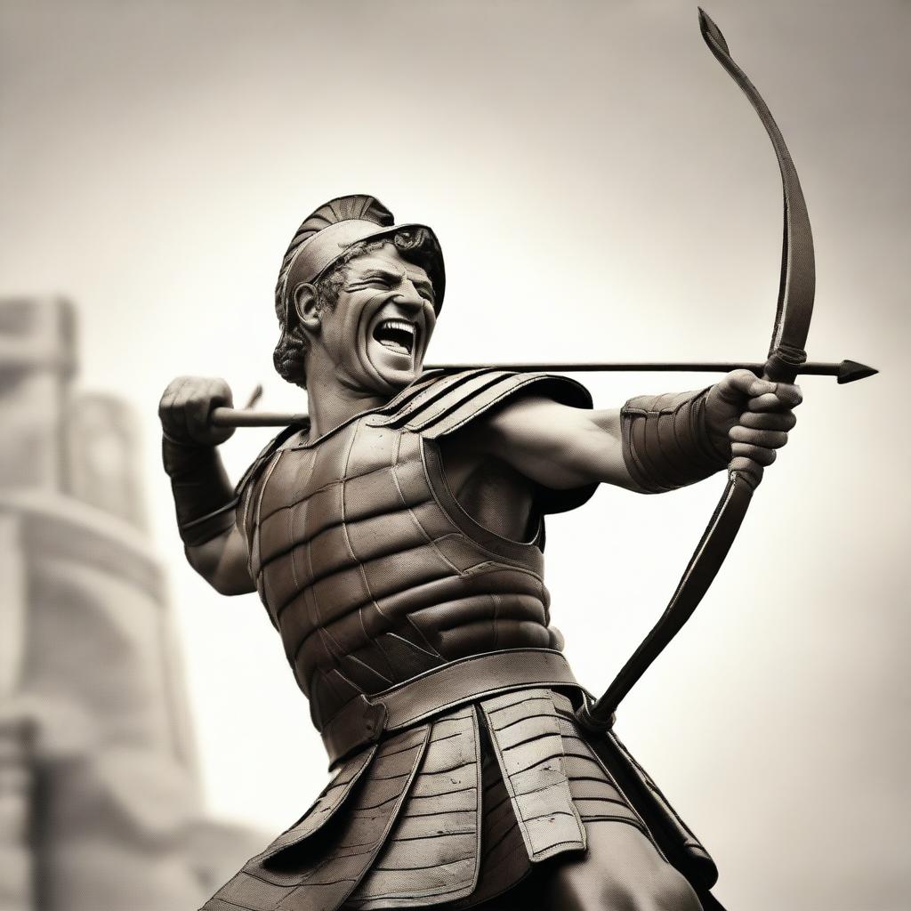 A Roman soldier laughing menacingly as he shoots his arrow, symbolizing the cruel joy of victory