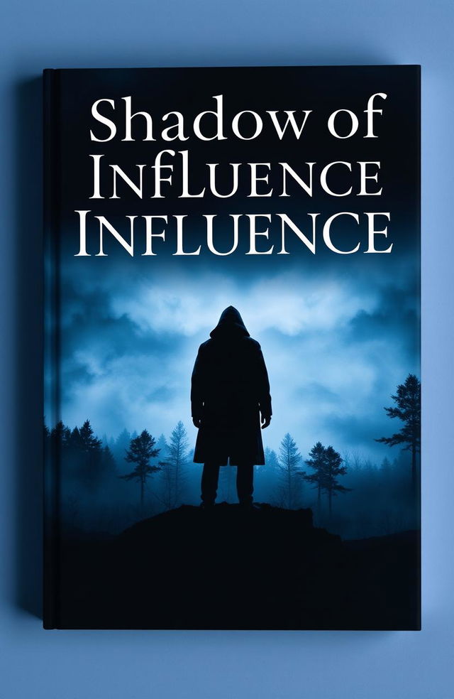 A captivating book cover for 'Shadow of Influence', featuring a mysterious silhouette of a figure standing at the edge of a foggy forest