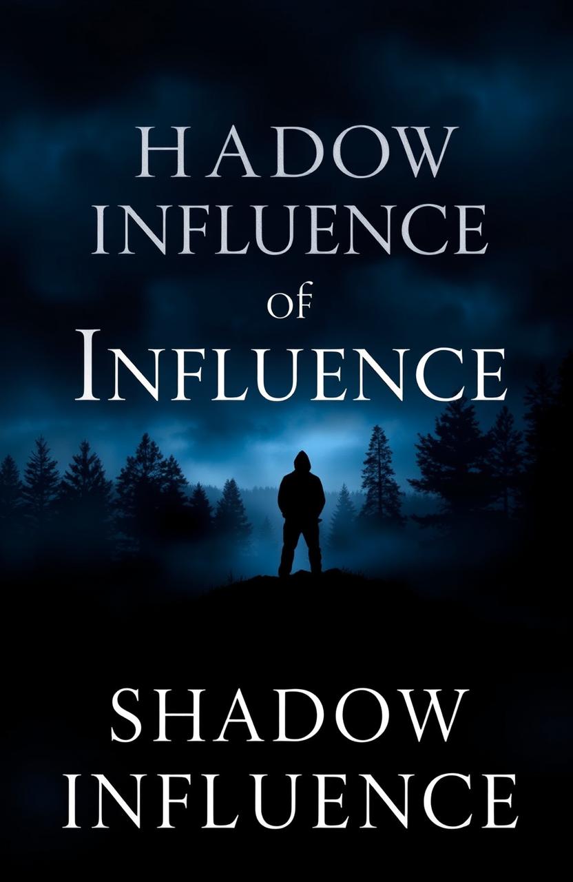 A captivating book cover for 'Shadow of Influence', featuring a mysterious silhouette of a figure standing at the edge of a foggy forest