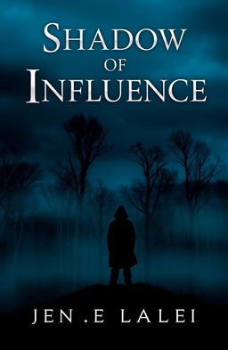 A captivating book cover for 'Shadow of Influence', featuring a mysterious silhouette of a figure standing at the edge of a foggy forest