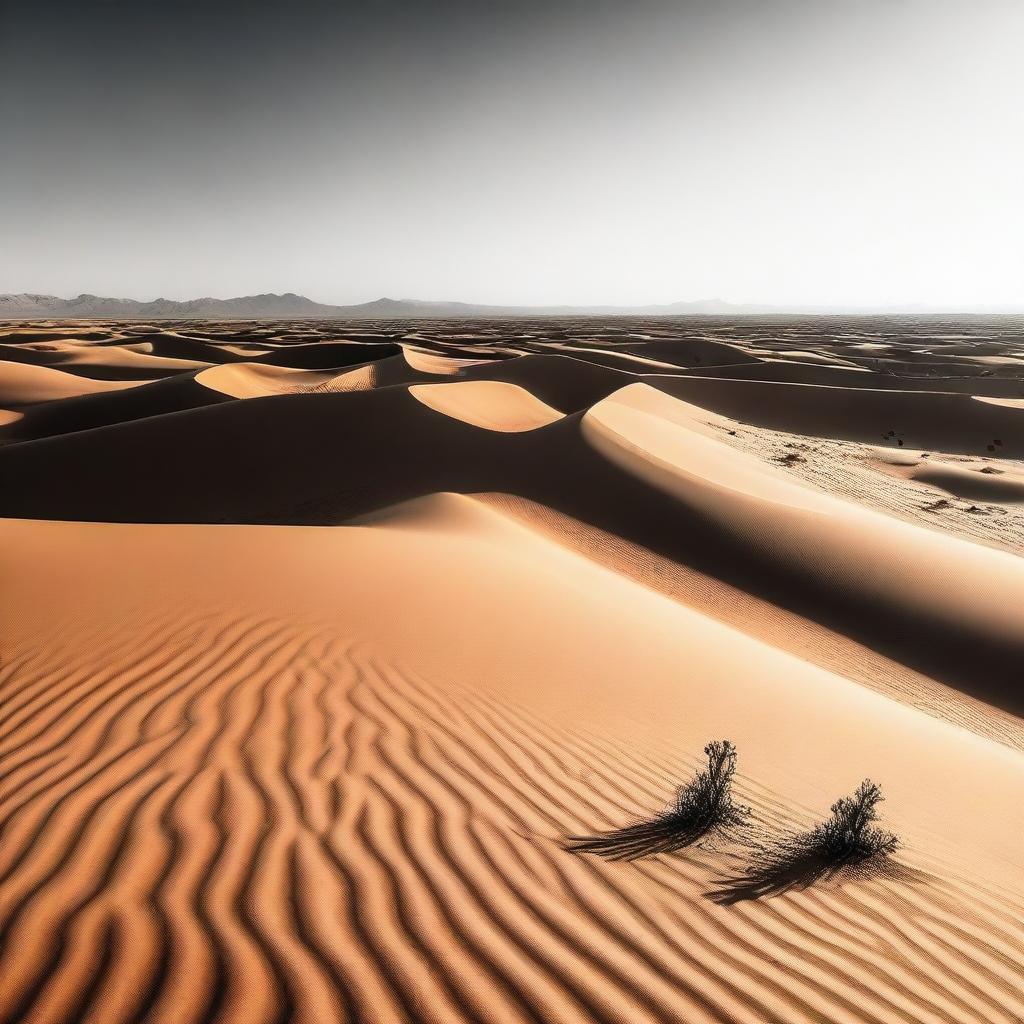 A vast expanse of sand dunes under the scorching sun in a searing desert with occasional cacti and mirages in sight