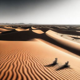 A vast expanse of sand dunes under the scorching sun in a searing desert with occasional cacti and mirages in sight