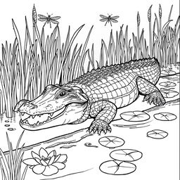 A highly detailed line art illustration of a realistic alligator suitable for coloring