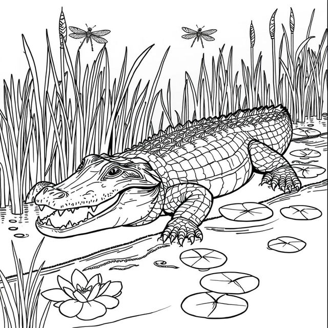 A highly detailed line art illustration of a realistic alligator suitable for coloring