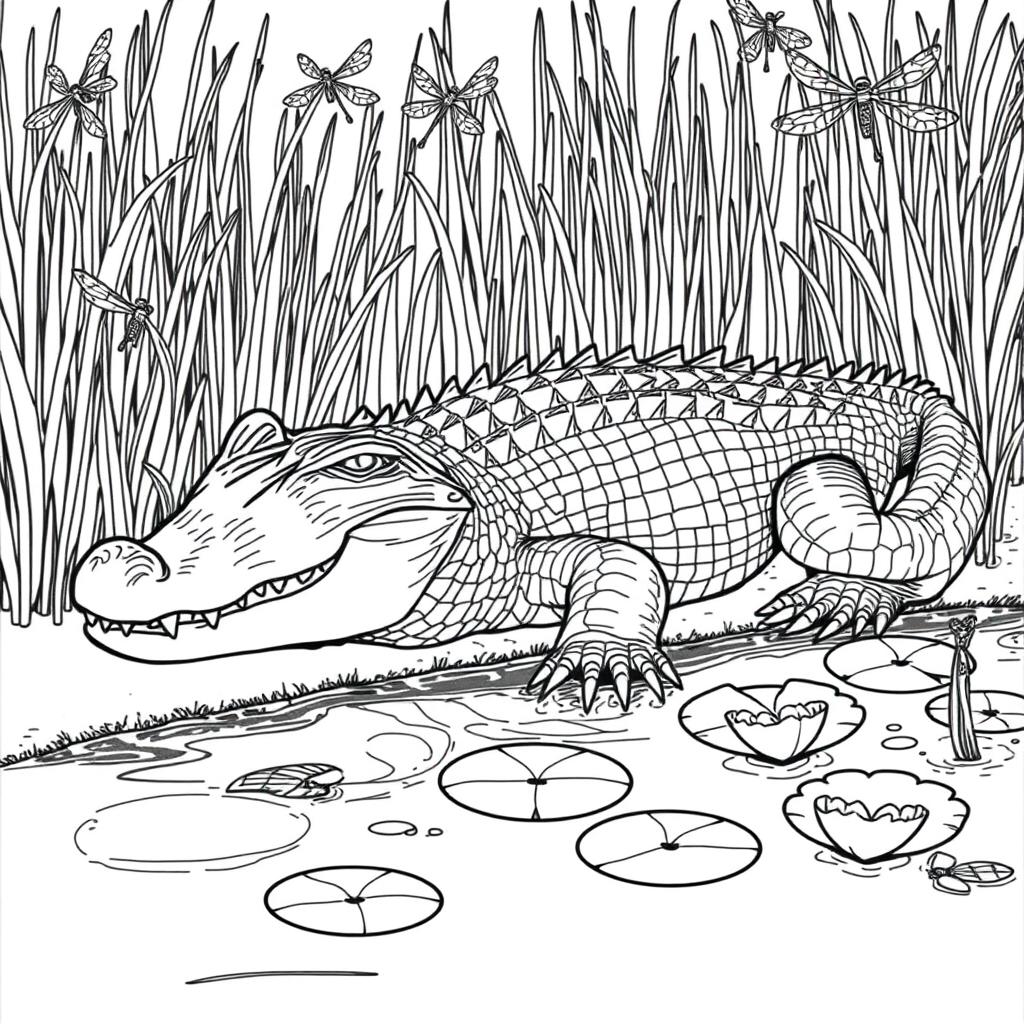 A highly detailed line art illustration of a realistic alligator suitable for coloring