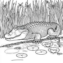 A highly detailed line art illustration of a realistic alligator suitable for coloring