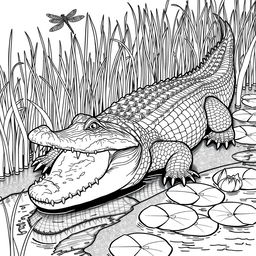 A highly detailed line art illustration of a realistic alligator suitable for coloring