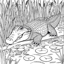 A highly detailed line art illustration of a realistic alligator suitable for coloring