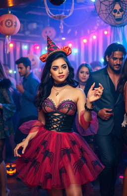 On a Halloween night, a young woman named Camila dressed in a stunning Halloween outfit, filled with vibrant colors and elegant details, is dancing at a lively party filled with spooky decorations and colorful lights