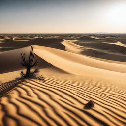 A vast expanse of sand dunes under the scorching sun in a searing desert with occasional cacti and mirages in sight