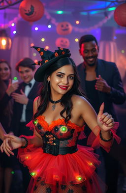 On a Halloween night, a young woman named Camila dressed in a stunning Halloween outfit, filled with vibrant colors and elegant details, is dancing at a lively party filled with spooky decorations and colorful lights