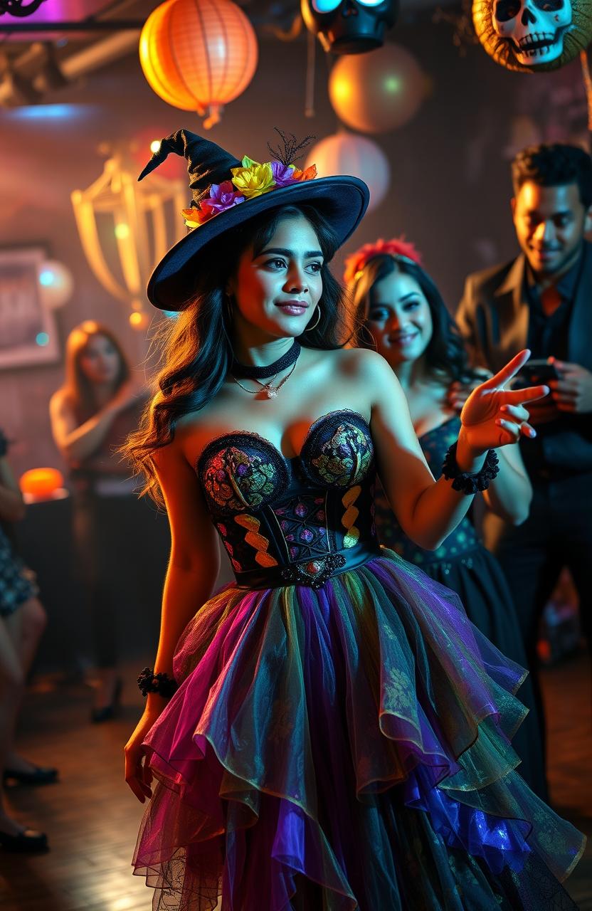 On a Halloween night, a young woman named Camila dressed in a stunning Halloween outfit, filled with vibrant colors and elegant details, is dancing at a lively party filled with spooky decorations and colorful lights