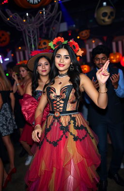 On a Halloween night, a young woman named Camila dressed in a stunning Halloween outfit, filled with vibrant colors and elegant details, is dancing at a lively party filled with spooky decorations and colorful lights
