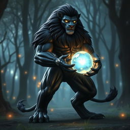 A striking humanoid lion with sleek black fur standing majestically, holding a glowing orb of magic in its hands