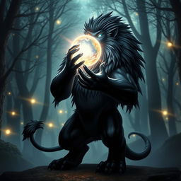 A striking humanoid lion with sleek black fur standing majestically, holding a glowing orb of magic in its hands