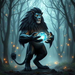 A striking humanoid lion with sleek black fur standing majestically, holding a glowing orb of magic in its hands