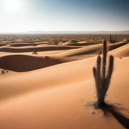 A vast expanse of sand dunes under the scorching sun in a searing desert with occasional cacti and mirages in sight