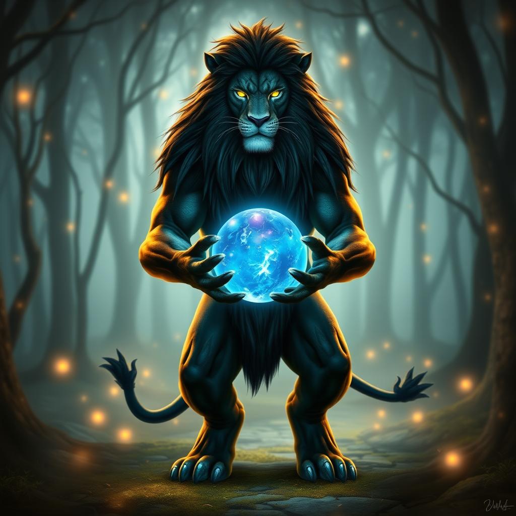 A striking humanoid lion with sleek black fur standing majestically, holding a glowing orb of magic in its hands