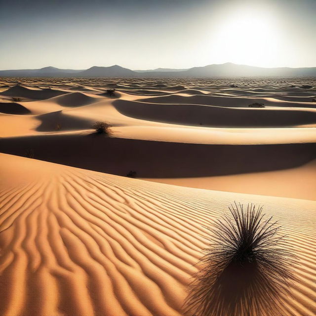 A vast expanse of sand dunes under the scorching sun in a searing desert with occasional cacti and mirages in sight