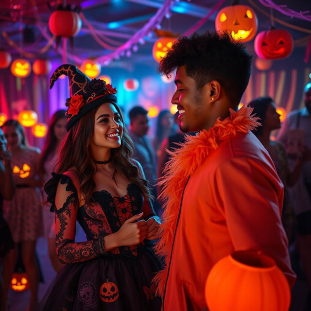 On a Halloween night, a young woman named Camila dressed in a captivating Halloween costume, showcasing intricate details and bold colors, is seen enjoying a vibrant dance party filled with whimsical decorations and glowing jack-o'-lanterns