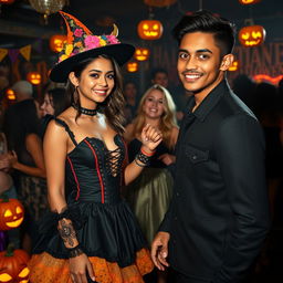 On a Halloween night, a young woman named Camila dressed in a captivating Halloween costume, showcasing intricate details and bold colors, is seen enjoying a vibrant dance party filled with whimsical decorations and glowing jack-o'-lanterns