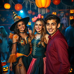 On a Halloween night, a young woman named Camila dressed in a captivating Halloween costume, showcasing intricate details and bold colors, is seen enjoying a vibrant dance party filled with whimsical decorations and glowing jack-o'-lanterns