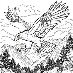 A highly detailed line art illustration of a realistic harpy eagle, suitable for coloring