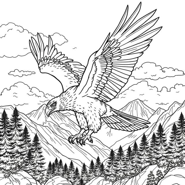 A highly detailed line art illustration of a realistic harpy eagle, suitable for coloring