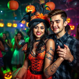 On a Halloween night, a young woman named Camila dressed in a captivating Halloween costume, showcasing intricate details and bold colors, is seen enjoying a vibrant dance party filled with whimsical decorations and glowing jack-o'-lanterns