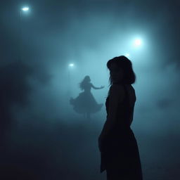 A foggy night scene featuring a street shrouded in thick mist, with the silhouette of a young woman named Camila in the foreground, her posture turned slightly as she gazes back with an expression of intrigue and contemplation