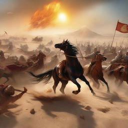 A dramatic scene of Roman and Egyptian cavalry engaged in fierce battle amidst a vast desert, spears and arrows fly as horses and soldiers charge under the blazing sun