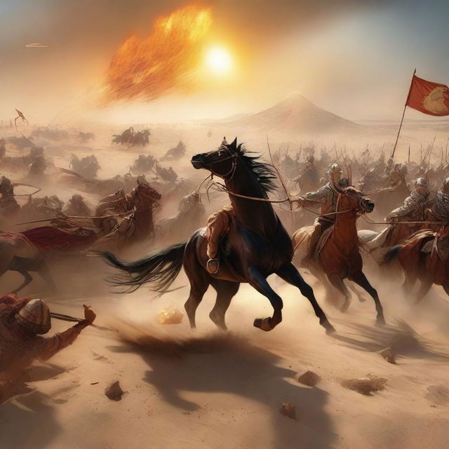 A dramatic scene of Roman and Egyptian cavalry engaged in fierce battle amidst a vast desert, spears and arrows fly as horses and soldiers charge under the blazing sun