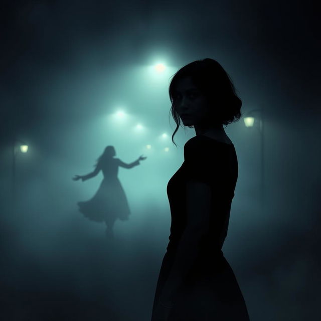 A foggy night scene featuring a street shrouded in thick mist, with the silhouette of a young woman named Camila in the foreground, her posture turned slightly as she gazes back with an expression of intrigue and contemplation