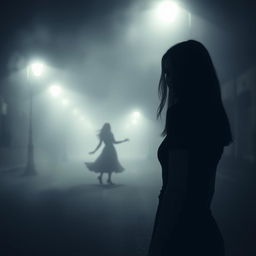 A foggy night scene featuring a street shrouded in thick mist, with the silhouette of a young woman named Camila in the foreground, her posture turned slightly as she gazes back with an expression of intrigue and contemplation