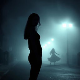 A foggy night scene featuring a street shrouded in thick mist, with the silhouette of a young woman named Camila in the foreground, her posture turned slightly as she gazes back with an expression of intrigue and contemplation