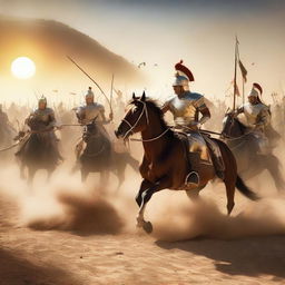 A dramatic scene of Roman and Egyptian cavalry engaged in fierce battle amidst a vast desert, spears and arrows fly as horses and soldiers charge under the blazing sun