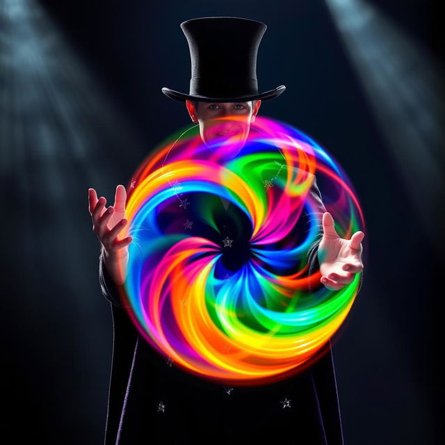 A magician demonstrating his mastery by skillfully wheeling a vibrant, glowing ball of energy between his hands