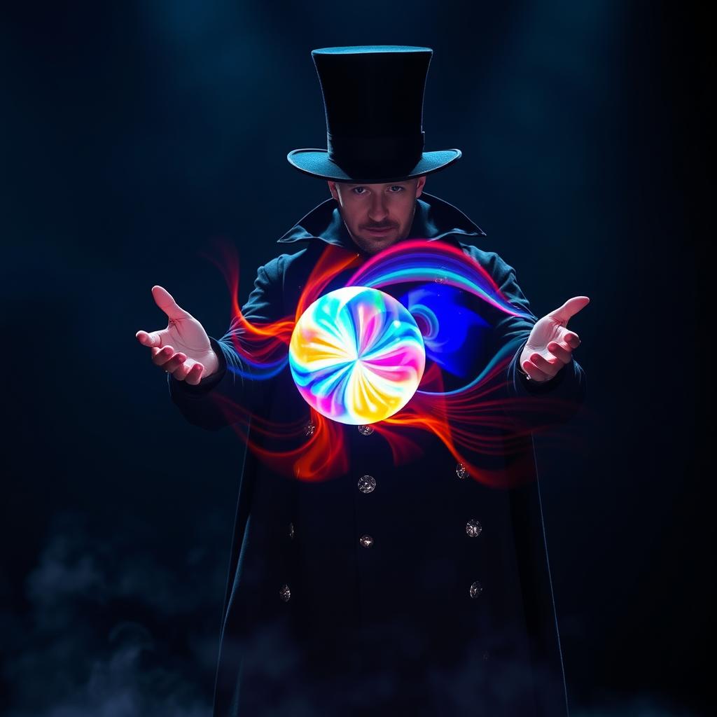 A magician demonstrating his mastery by skillfully wheeling a vibrant, glowing ball of energy between his hands