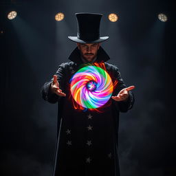 A magician demonstrating his mastery by skillfully wheeling a vibrant, glowing ball of energy between his hands
