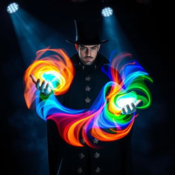A magician demonstrating his mastery by skillfully wheeling a vibrant, glowing ball of energy between his hands