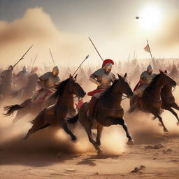 A dramatic scene of Roman and Egyptian cavalry engaged in fierce battle amidst a vast desert, spears and arrows fly as horses and soldiers charge under the blazing sun