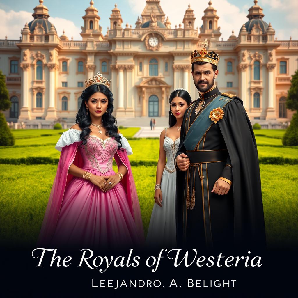 A regal scene featuring a queen and her king, both elegantly dressed, alongside their two teenage daughters who are princesses, all of mixed race descent