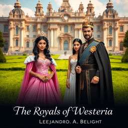 A regal scene featuring a queen and her king, both elegantly dressed, alongside their two teenage daughters who are princesses, all of mixed race descent