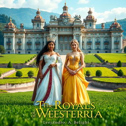 A regal scene featuring a queen and her king, both elegantly dressed, alongside their two teenage daughters who are princesses, all of mixed race descent